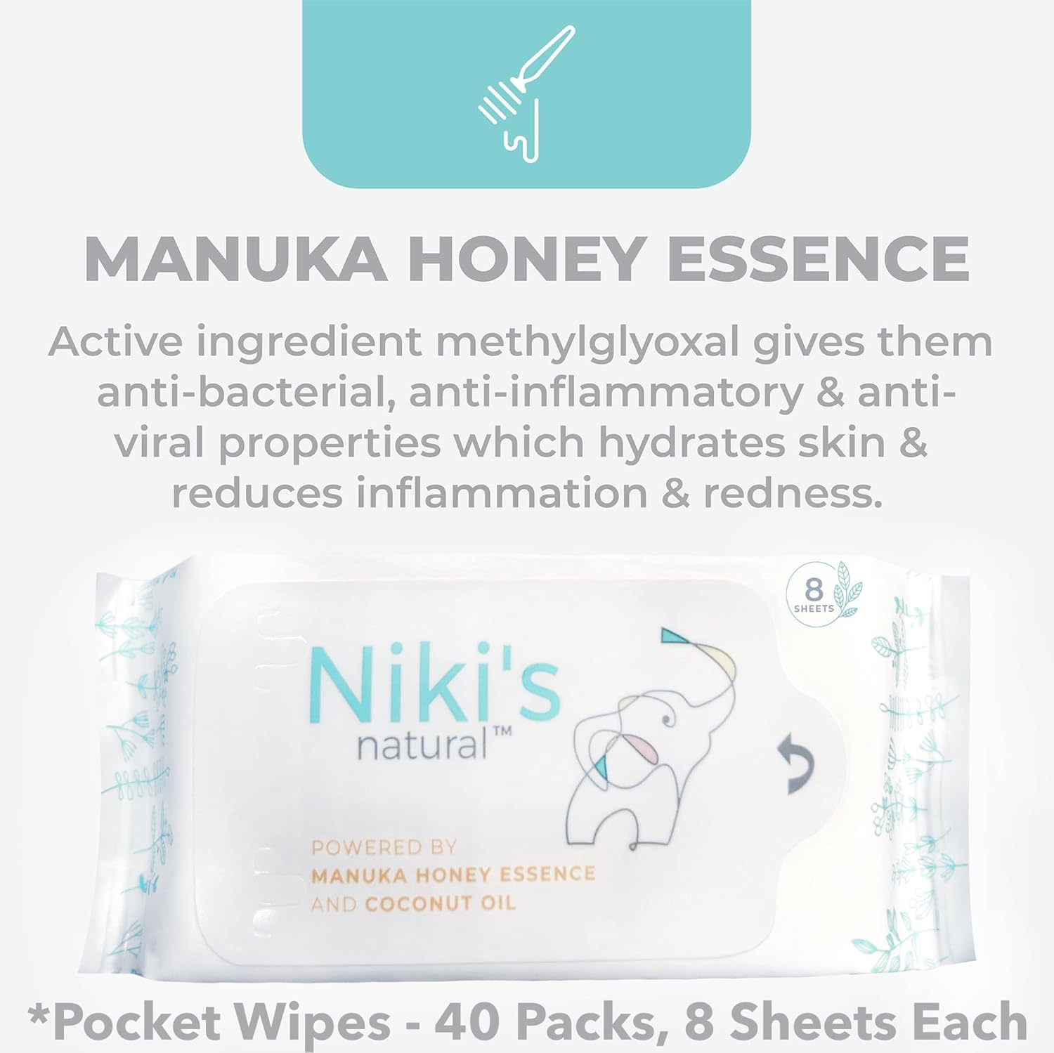Niki'S Natural Pocket Baby Wipes | Organic Baby Wipes Sensitive | Made with Manuka Honey and Coconut Oil, Unscented | EWG Verified | 320 Wipes (40 Pack X 8 Count Wipes) image number 2