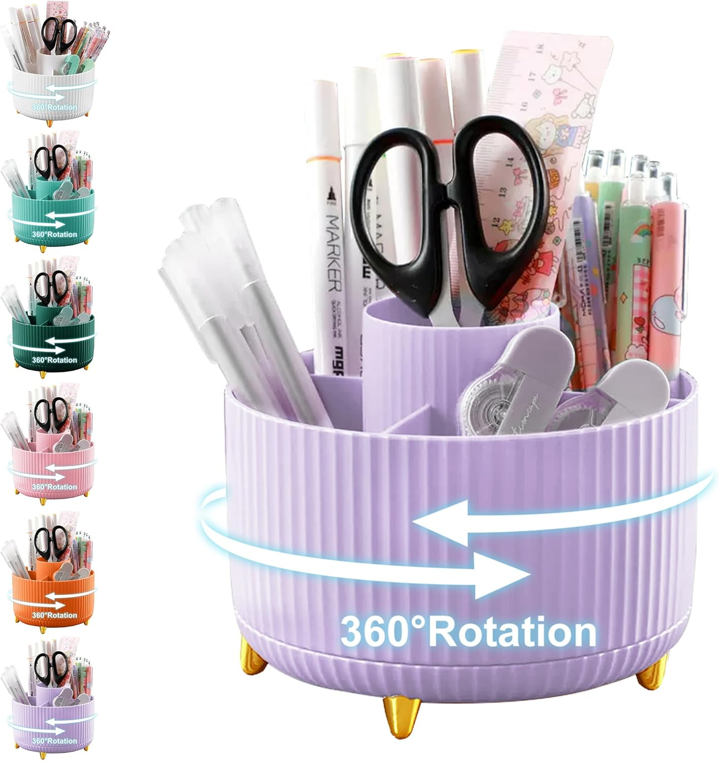Cayxenful Pencil Holder for Desk,5 Slots 360&deg;Degree Rotating Desk Organizers and Accessories,Desktop Storage Stationery Supplies Organizer, Cute Pencil Cup Pot for Office, School, Home (Purple) - Green image number 6