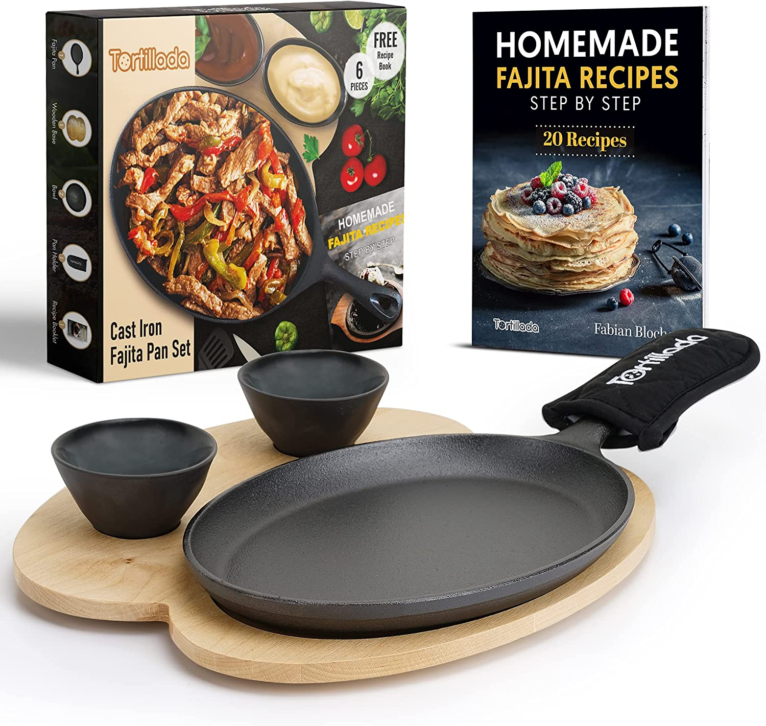 Tortillada &ndash; 25 Cm Cast Iron Fajita Pan/Grill Pan Set for Fajitas &ndash; Incl. Wooden Serving Tray + 2 Ceramic Dip Bowls image number 5