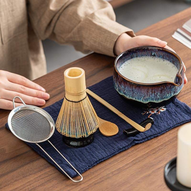 Myrthra Matcha Whisk Set - 8PCS Japanese Matcha Tea Kit for Traditional Tea Ceremony, Japanese Tea Making Tools with Whisk, Ceramic Bowl, Scoop,Tea Mat, Blue&Purple image number 1
