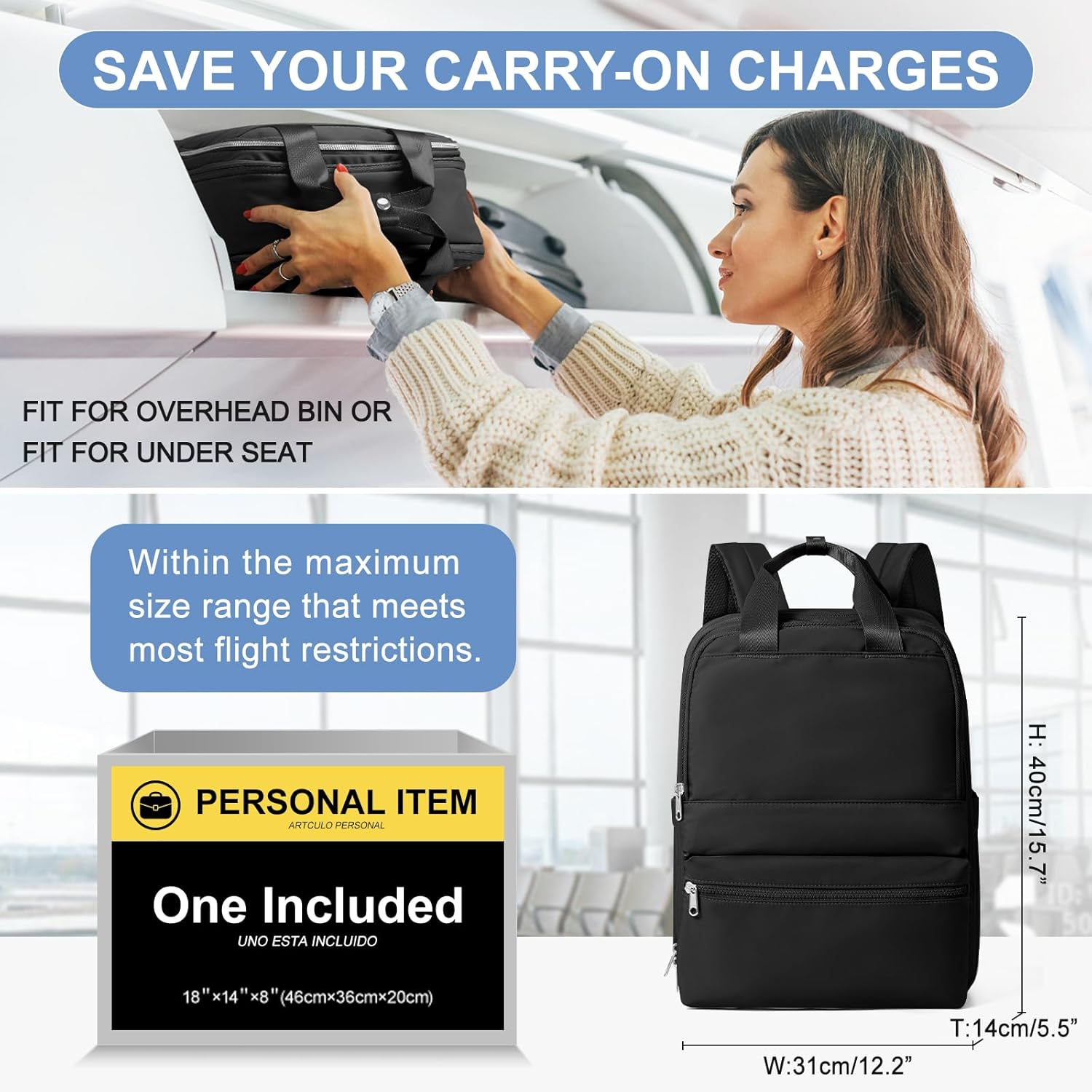 Pakembl Large Travel Backpack for Women Laptop Backpack Men Carry on Backpack Portable Computer Backpacks anti Theft Backpack Casual Daypack Fit 14 Inch Laptop - A02-Black Gold image number 7