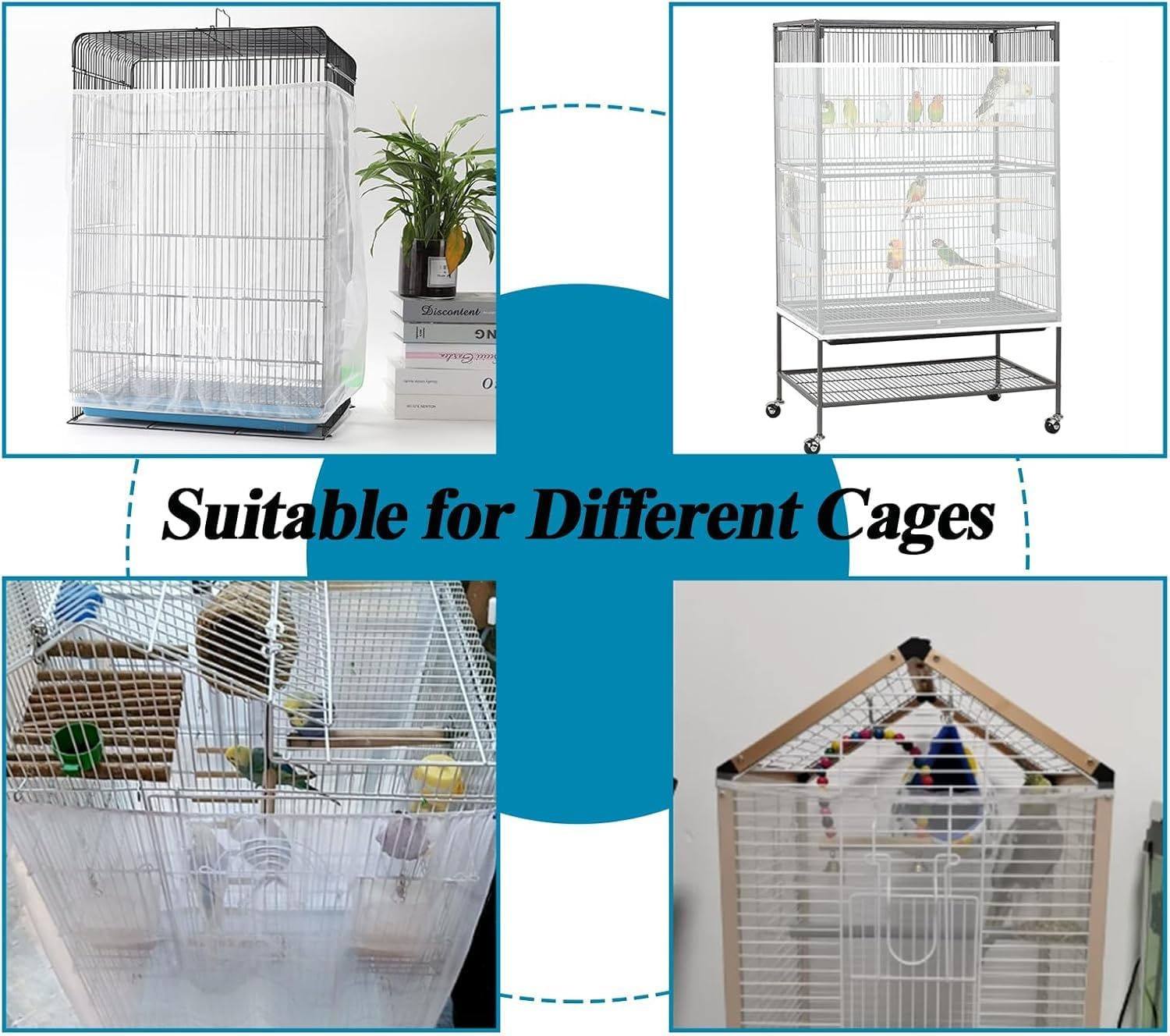 ASOCEA Bird Cage Seed Catcher Adjustable Bird Cage Cover Soft Nylon Mesh Net with Drawstring Birdcage Skirt Feather Guard for round Square Cages (Black) (300 X80 Cm White) image number 4