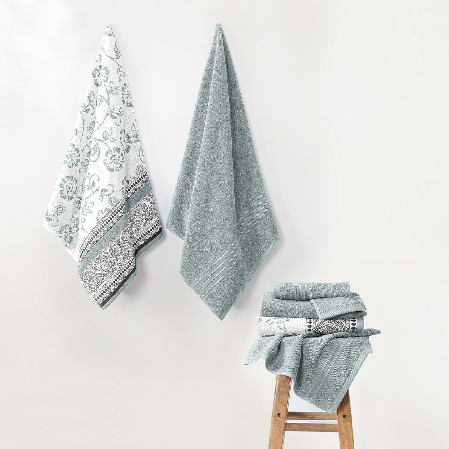 Modern Threads 6 Piece Set, 2 Bath Towels, 2 Hand Towels, 2 Washcloths Yarn Dyed Jacquard/Solid Towel Set Ophelia Dark Sage