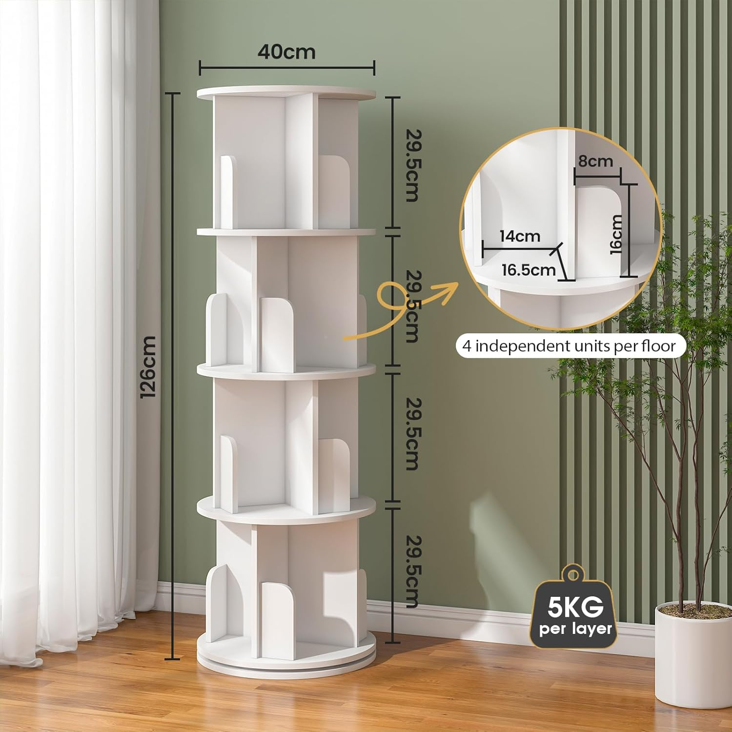 Ufurniture Rotating Bookshelf, 4-Tier Wooden Bookcase, Corner Standing Display Shelf Organizer, CD Storage Rack for Small Space Living Room Office Kids Furniture, White image number 1