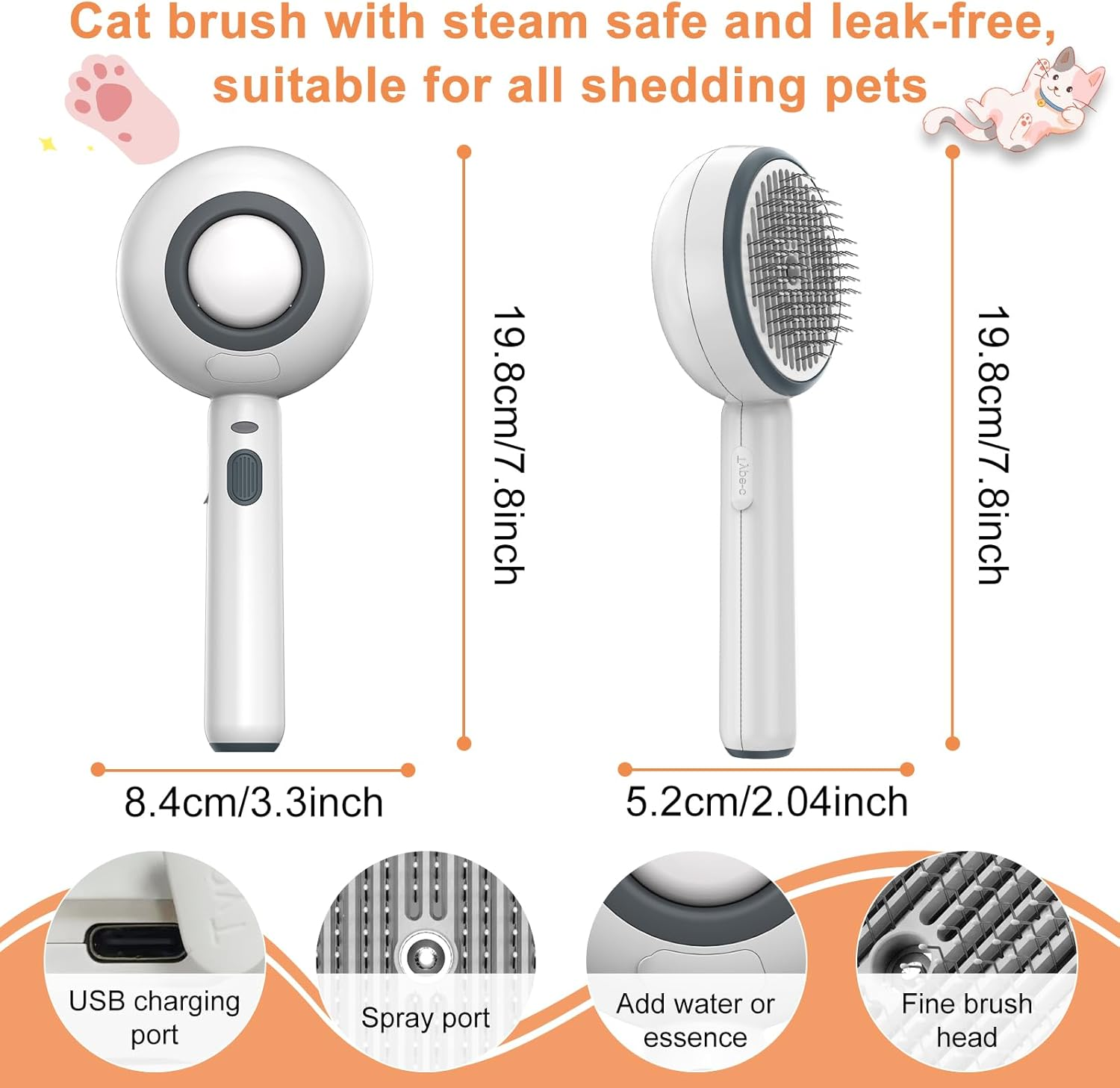 Cat Brush with Steam, 3-In-1 Steam Brush Cat, Brush Cat with Self-Cleaning One Button with Water Tank and Spray, anti Static Electricity and Tangling Steamy Brush for Cats Dogs, White image number 6