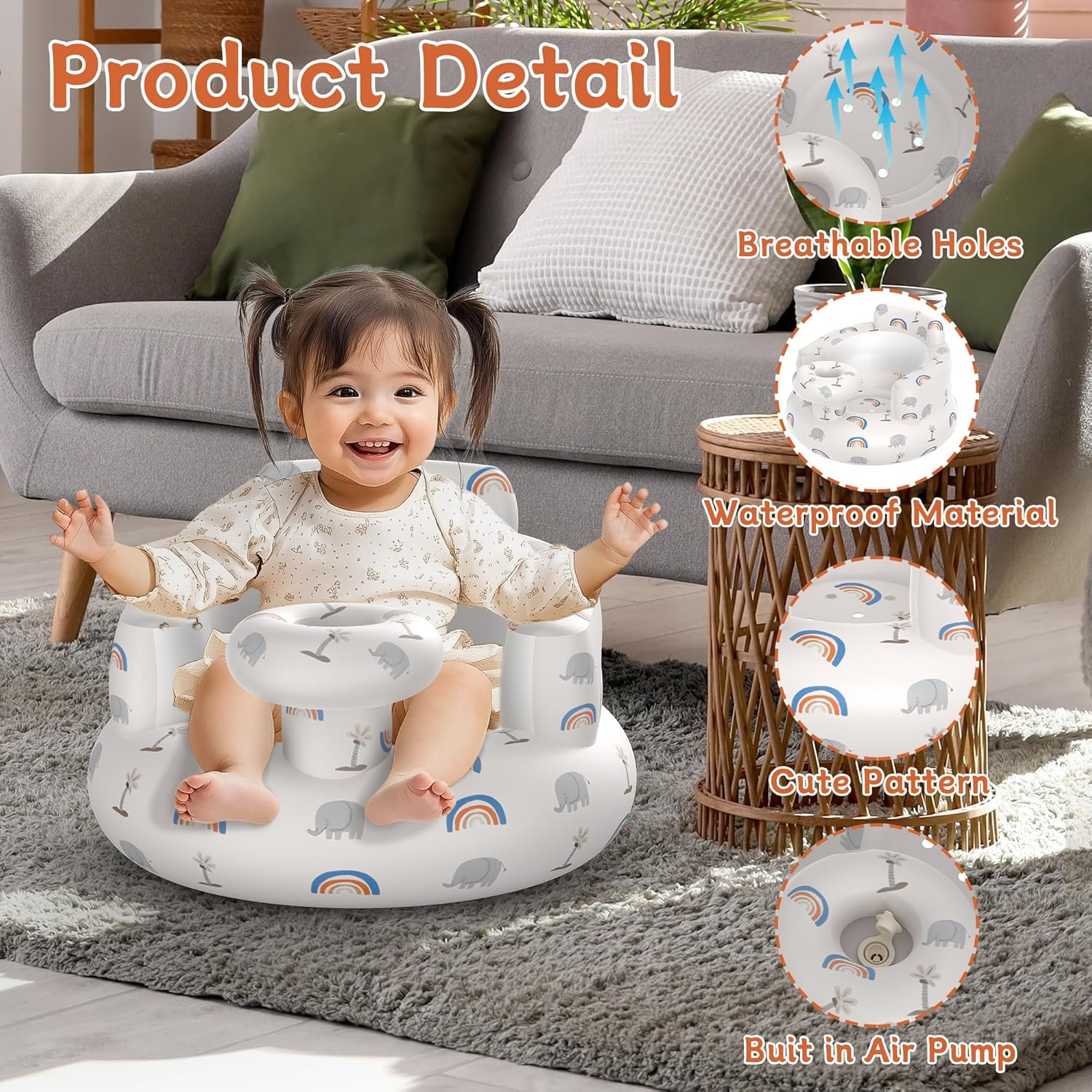Inflatable Baby Floor Seat, Suitable for 3 Months and Up, Foldable Baby Chair with Built in Air Pump, Portable for Anywhere, Cute Patterns, for Baby image number 1