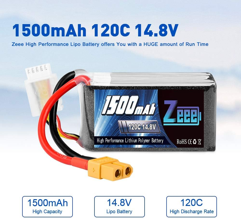 Zeee 4S Lipo Battery 1500Mah 14.8V 120C RC Battery with XT60 Plug for FPV Drone Quadcopter Helicopter Airplane RC Boat RC Car RC Models (2 Pack) image number 4