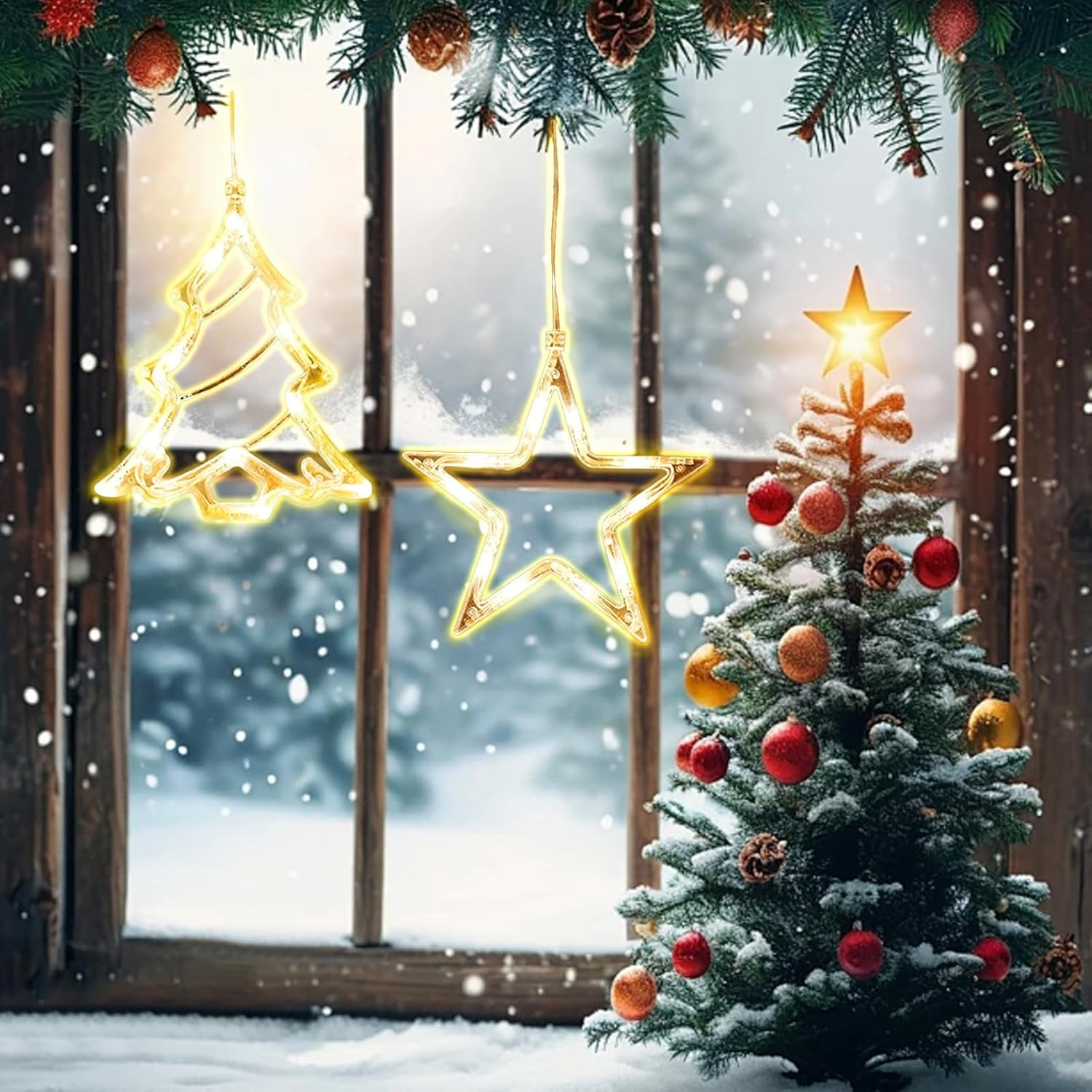 Nuluxi 2 X LED Stars Christmas Tree Christmas Lights, LED Christmas Decoration with Suction Cups, Warm White Christmas Star Indoor for Christmas Decoration, Doors, Shop Window, Party, Wedding, Balcony image number 2