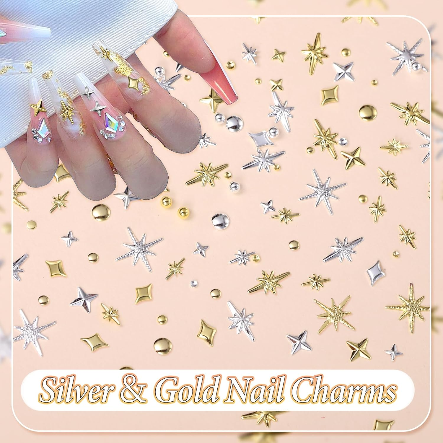 2 Boxes Gold Star Nail Gems Charms, Metal Starshine Studs, Silver Golden Micro Caviar Beads, DIY Accessories for Nail Art image number 1