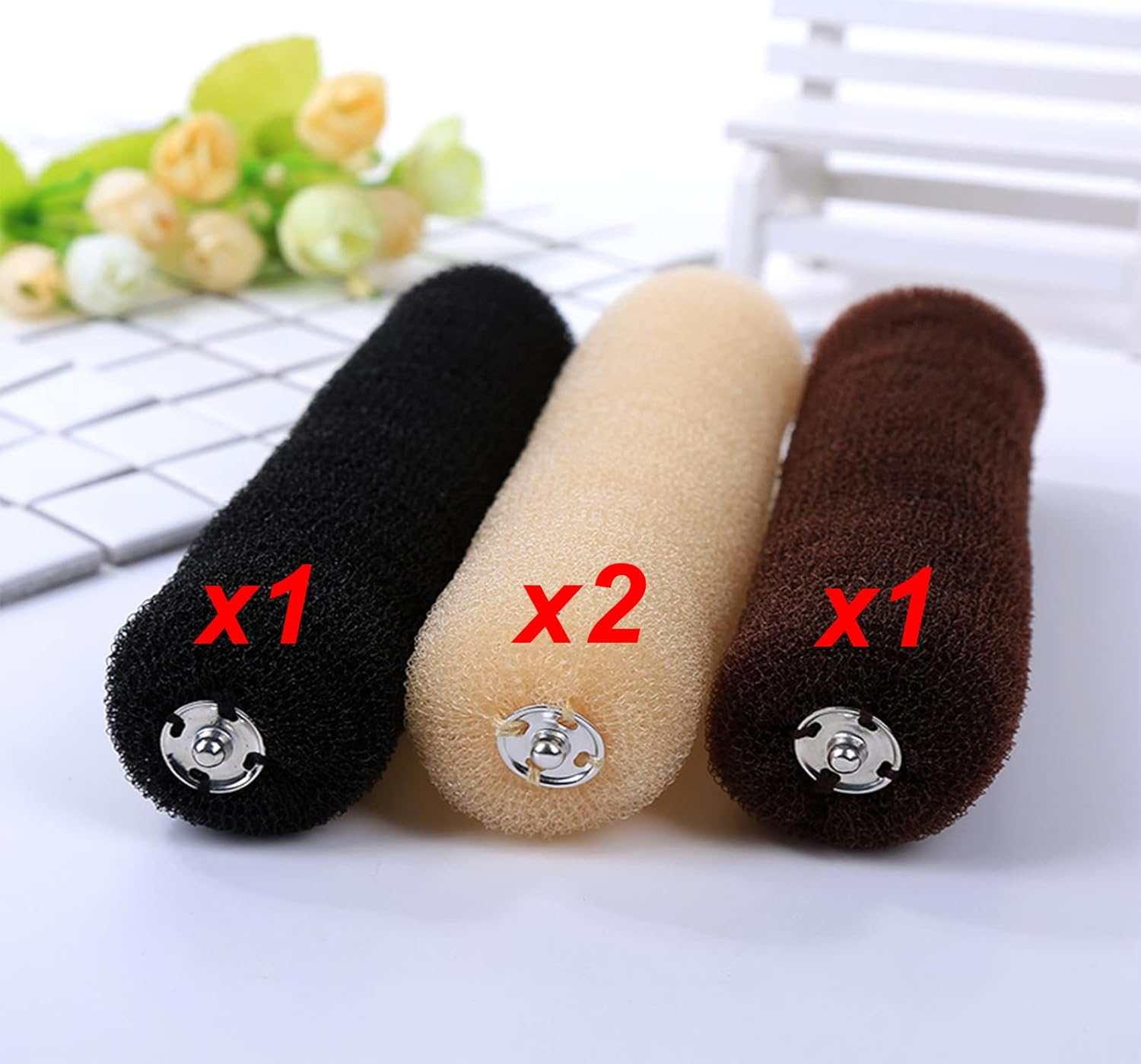 Srup Pack of 4 Bun Cushions, Large Doughnut Hair Bun Maker Set, Updo Accessories, Hair Doughnut Maker Set, Beige Hair Bun Donut, Doughnut Hair Updo Accessories (Black, Brown, Creamy White) image number 3