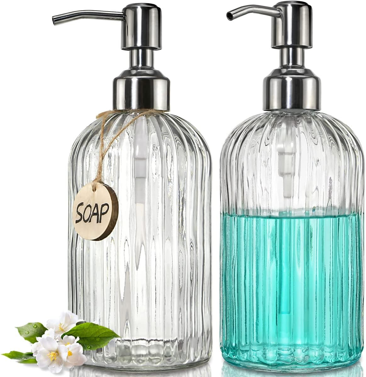 JASAI 2PACK 18 Oz Glass Soap Dispenser with Rust Proof Stainless Steel Pump, Refillable Hand Soap Dispenser with Vertical Stripe, Premium Bathroom Soap Dispenser for Kitchen & Bathroom image number 1