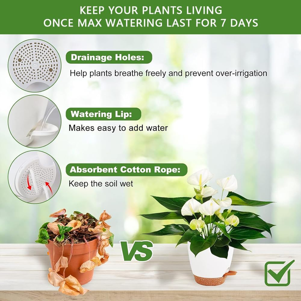 5 Pack Self Watering Plant Pots with Drainage Holes and Trays &ndash; 7/6.5/6/5.5/5 Inch Modern Decorative Plastic Planters for Indoor Outdoor Plants, Succulents, Flowers, Herbs image number 6