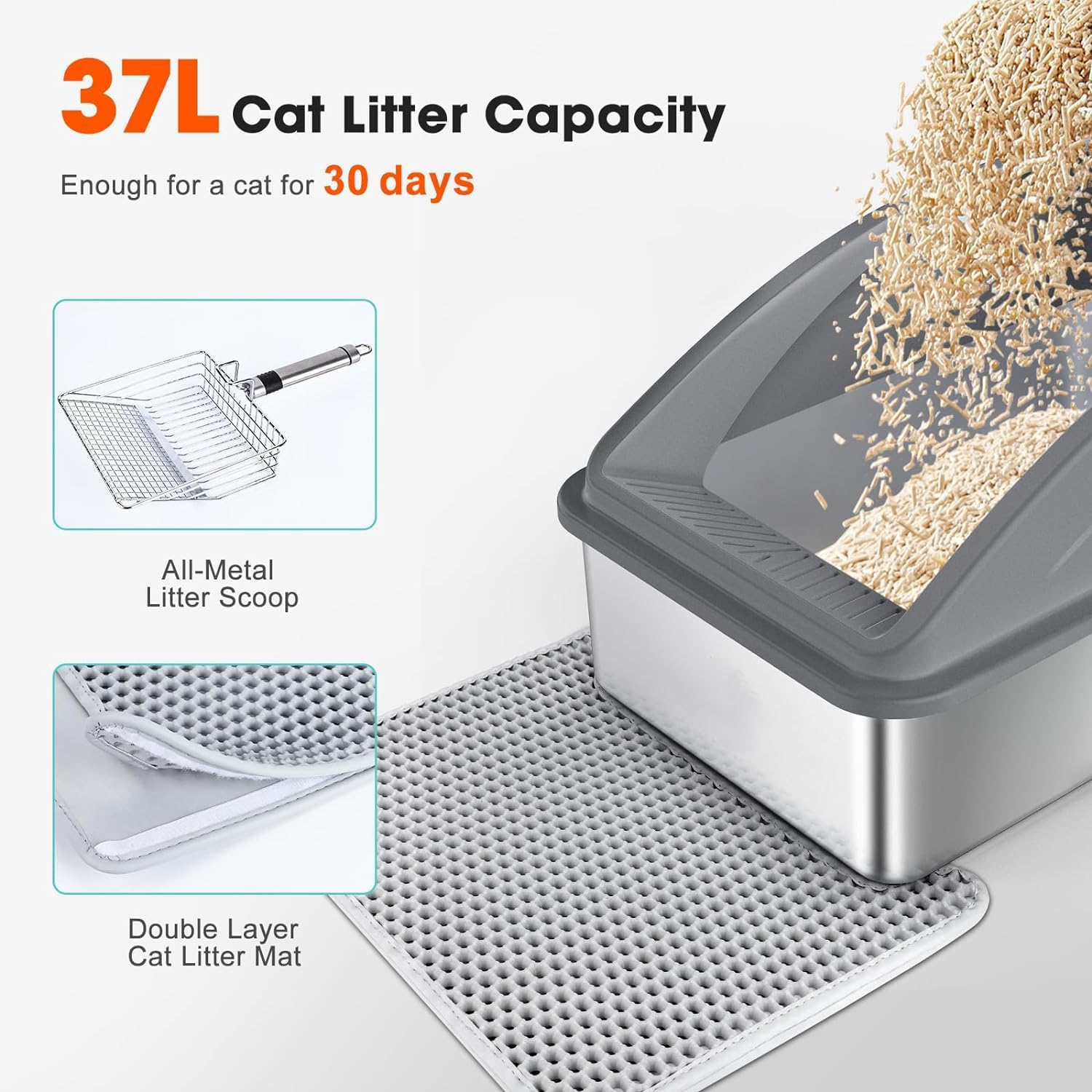 Stainless Steel Cat Litter Box with Lid, Extra Large Litter Box for Big Cats, XL Metal Litter Pan Tray with High Wall Sides Enclosure, Non-Sticky, Anti-Leakage, Easy Cleaning, Grey