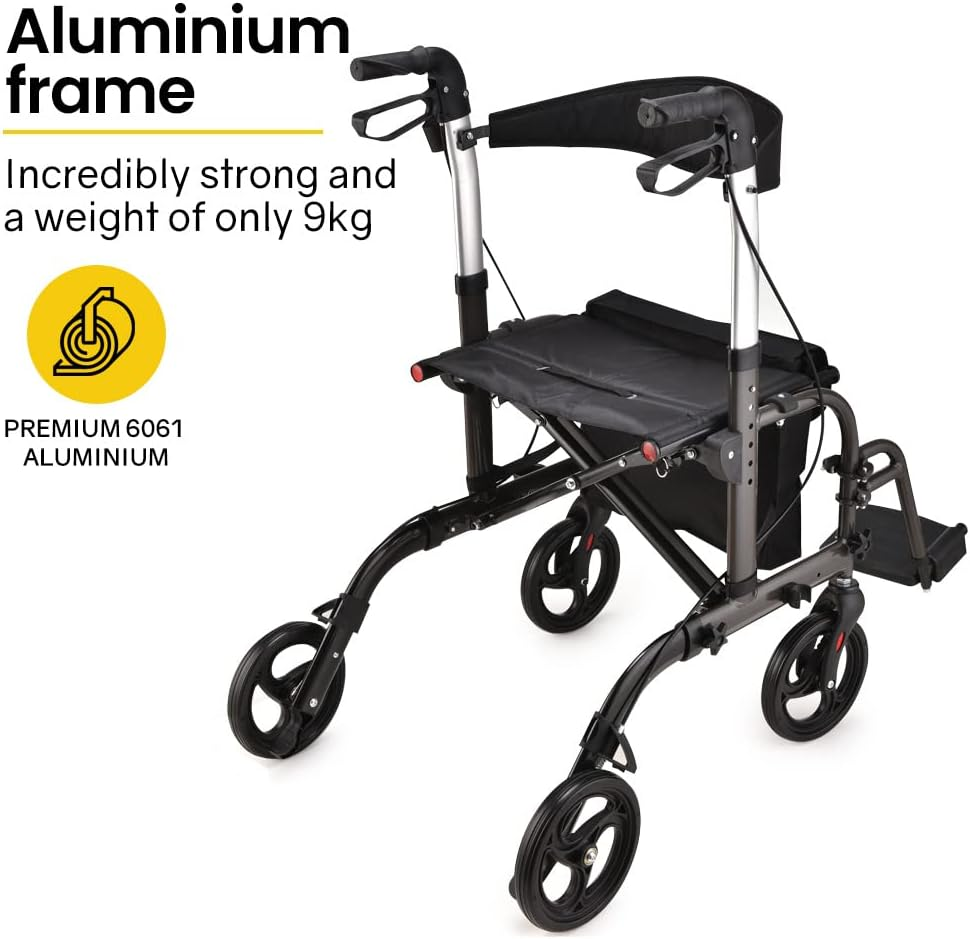 "Equipmed 2In1 Mobility Wheelchair & Rollator Walking Frame, Aluminium Foldable Walker Aid with Detachable Bag in Titanium Colour" image number 6