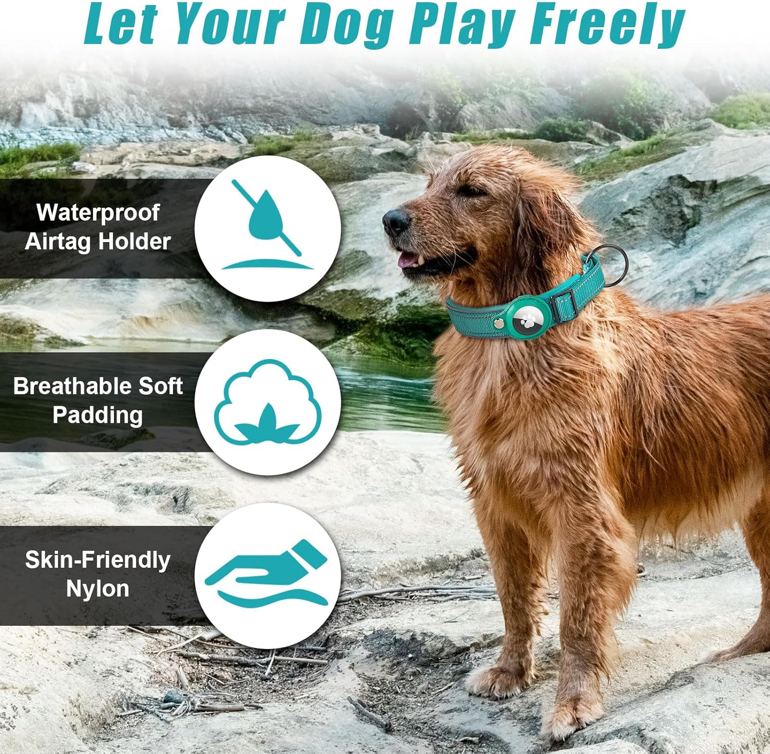 Boloshine Airtag Dog Collar, Adjustable Reflective Nylon Dog Collar, with Quick Release Buckle and Holder for Apple Air Tag, Durable Anti-Lost Dog Collars for Small Medium Large Dogs (Cyan, L)