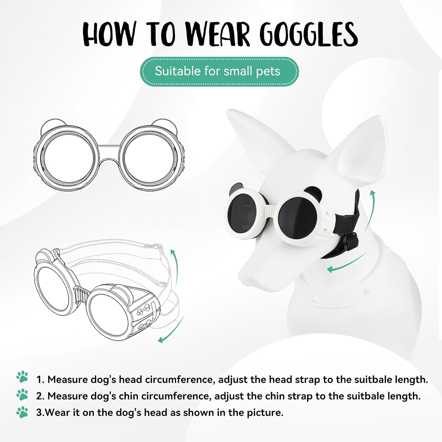 Billionchains Dog Goggles for Small Dog Uv/Wind/Dust Protection Dog Sunglasses for Small Breed with Adjustable Strap - White image number 5