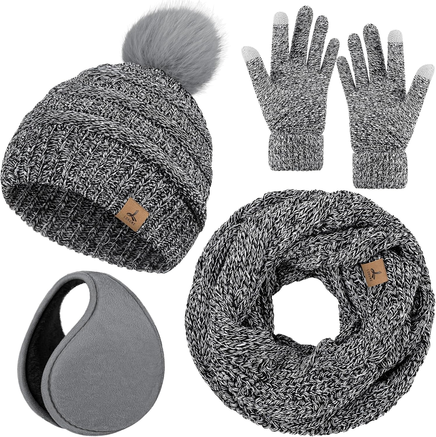 Winter Hat Scarf Gloves and Ear Warmer, Warm Knit Beanie Hat Touch Screen Gloves Set Winter Gifts Neck Scarves for Women