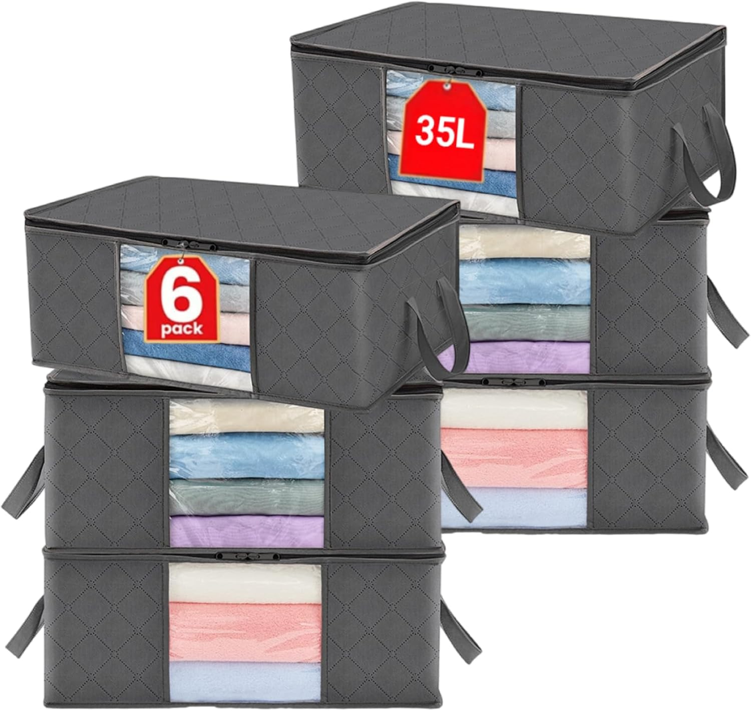 Evangrinzia 6 Pack Clothes Storage Bag, Foldable Storage Bin Closet Organizer with Durable Handle, Sturdy Fabric Blanket Storage with Clear Window, Storage Containers for Clothing, Bedding, Gray（35L）
