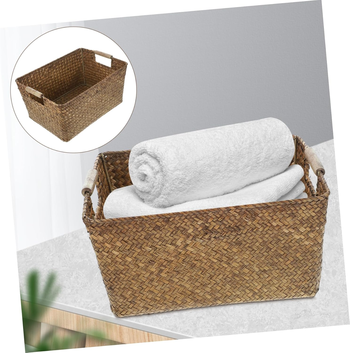OFFSCH Seagrass Woven Storage Basket with Wooden Handles, Medium 34X25X17Cm Natural Fiber Organizer for Home and Office Shelves, Toy and Sundry Storage Container image number 5