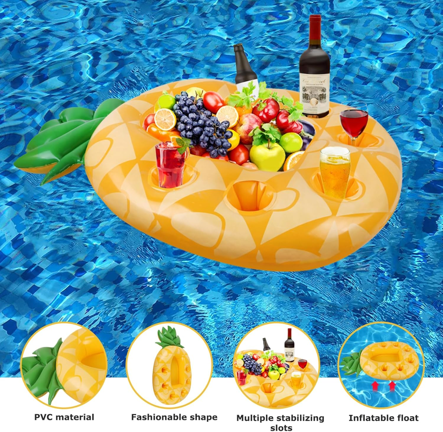 Drink Floaties for Pool, Pineapple Inflatable Drink Holder, 33.5X21.7 PVC Floating Pool Tray with Cup Holders, Portable Floating Drink Holder image number 4