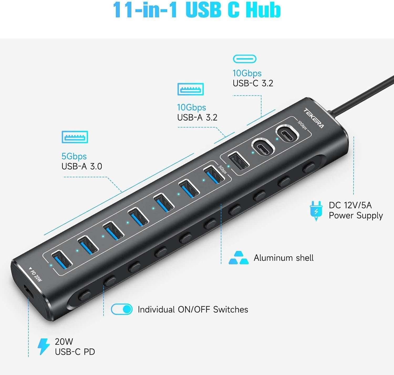 11 Port USB 3.2 Hub,Tekera USB C Hub 10Gbps Splitter with USB-A 3.2, 2 USB-C 3.2, 7 USB a 3.0 Ports, PD USB-C Port and 3.3Ft Long Cable image number 2