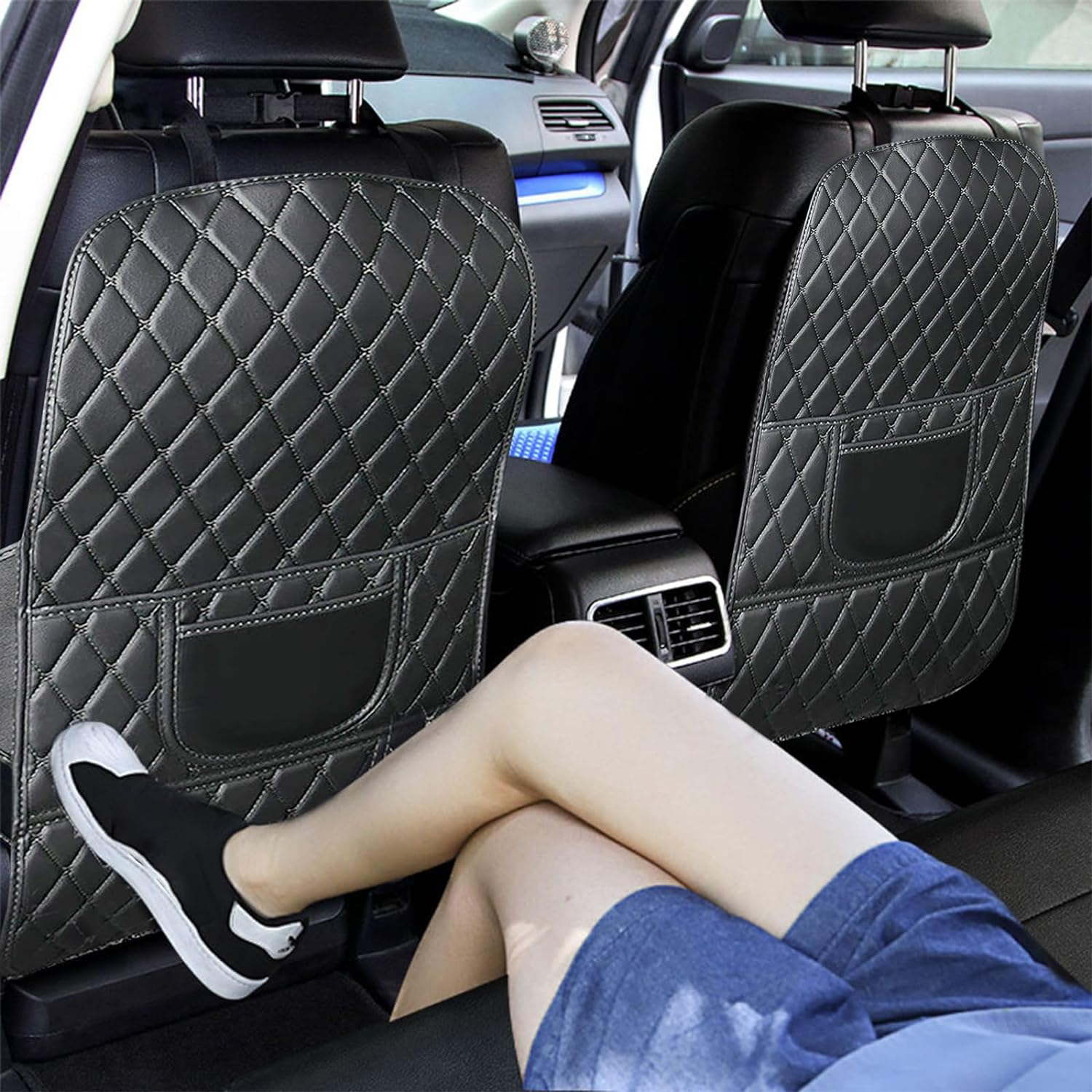 Car Seat Protector Kick Mat for Child Seats,2 Pack Universal Car Seat Back Leather Cover, Non-Slip Seatback Cover with Organizer, Wear Resistant Protects Upholstery from Stains & Damage (Black) image number 5