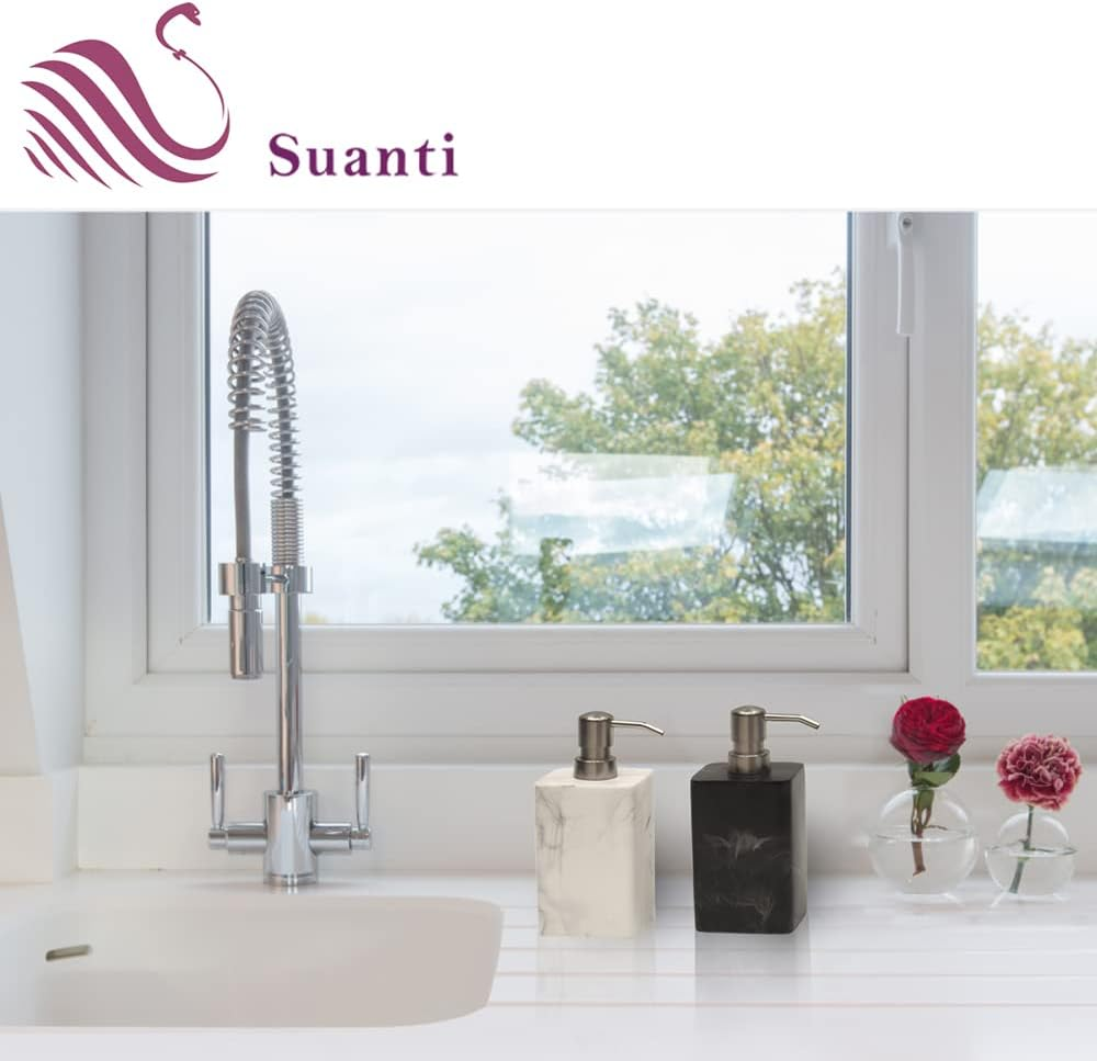 Soap Dispenser Set 2-Pack White & White Marble Style,Refillable Liquid Square Suanti Resin Decorative Soap Dispenser for Bathroom Countertop & Kitchen Home Decor (14.5 Oz) image number 6