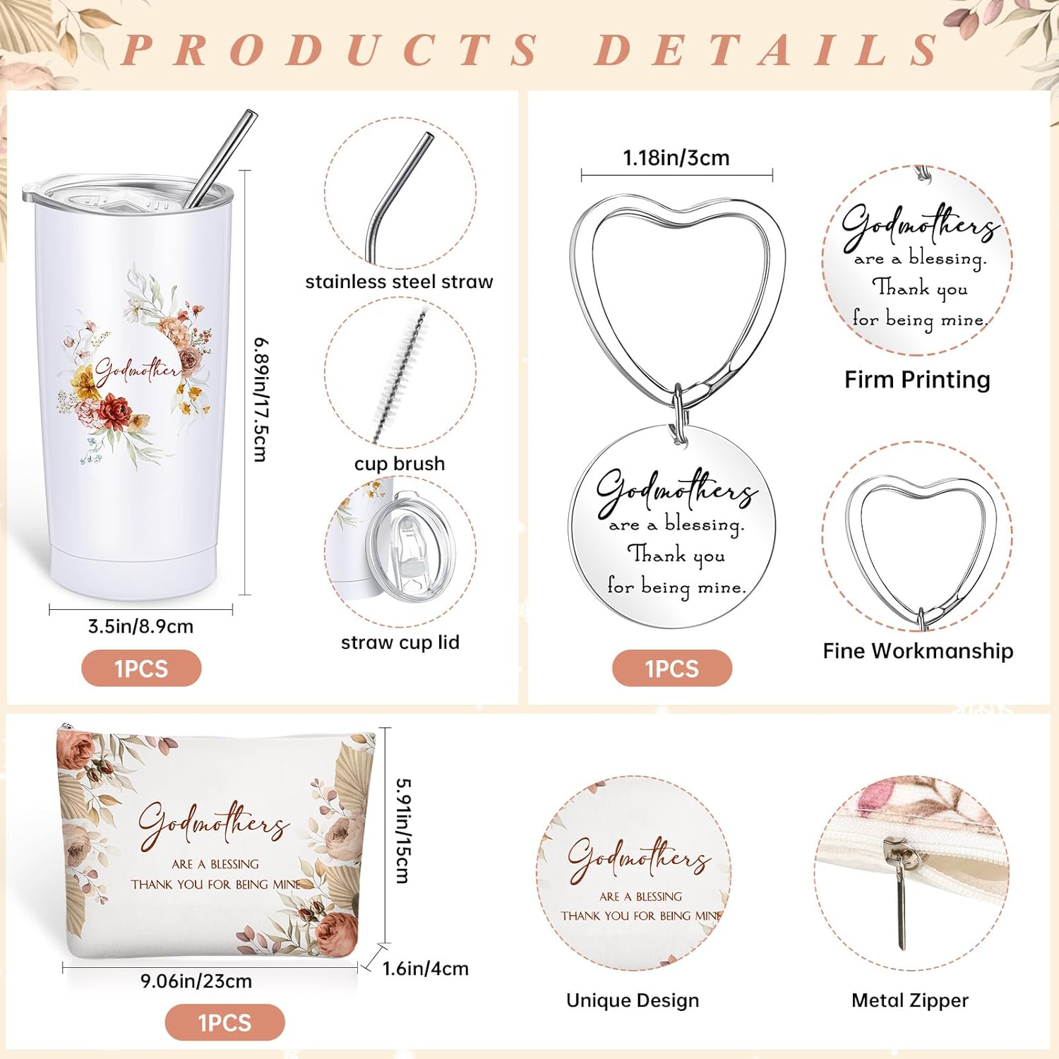 Sieral 3 Pcs Godmother Proposal Gifts Will You Be My Godmother 20Oz Stainless Steel Tumbler Makeup Bag Keychain from Godchild Christmas Birthday Baptism Mother'S Day Gift for God Mom(Boho Flowers) image number 6