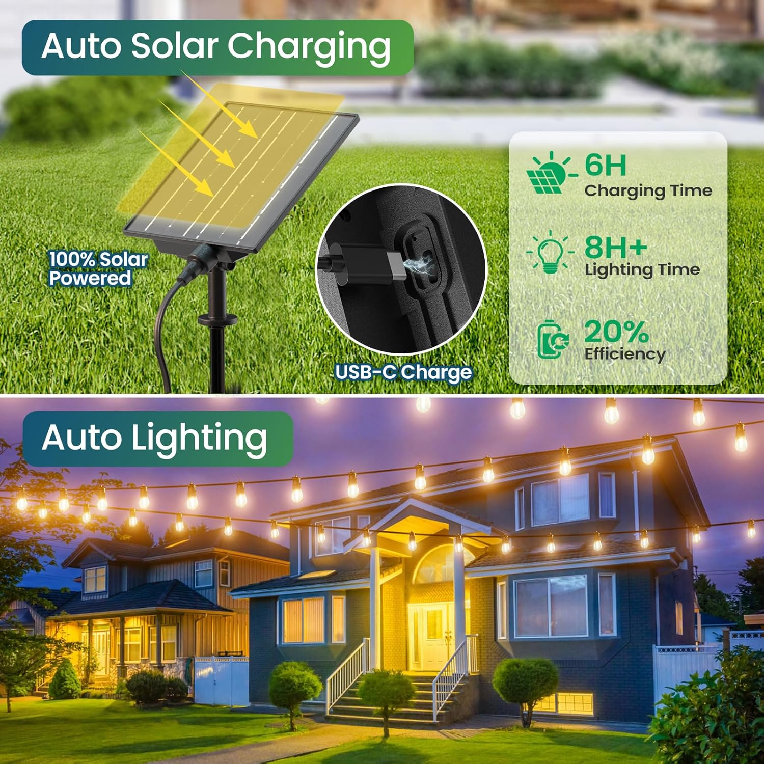 Quntis Solar Festoon Lights Outdoor, 15M Usb-C&Solar Powered String Lights with 15+1 Bulbs, IP65 Waterproof Shatterproof &Auto On/Off Led Lights for Patio Backyard Balcony Gazebo Party, Warm White image number 5