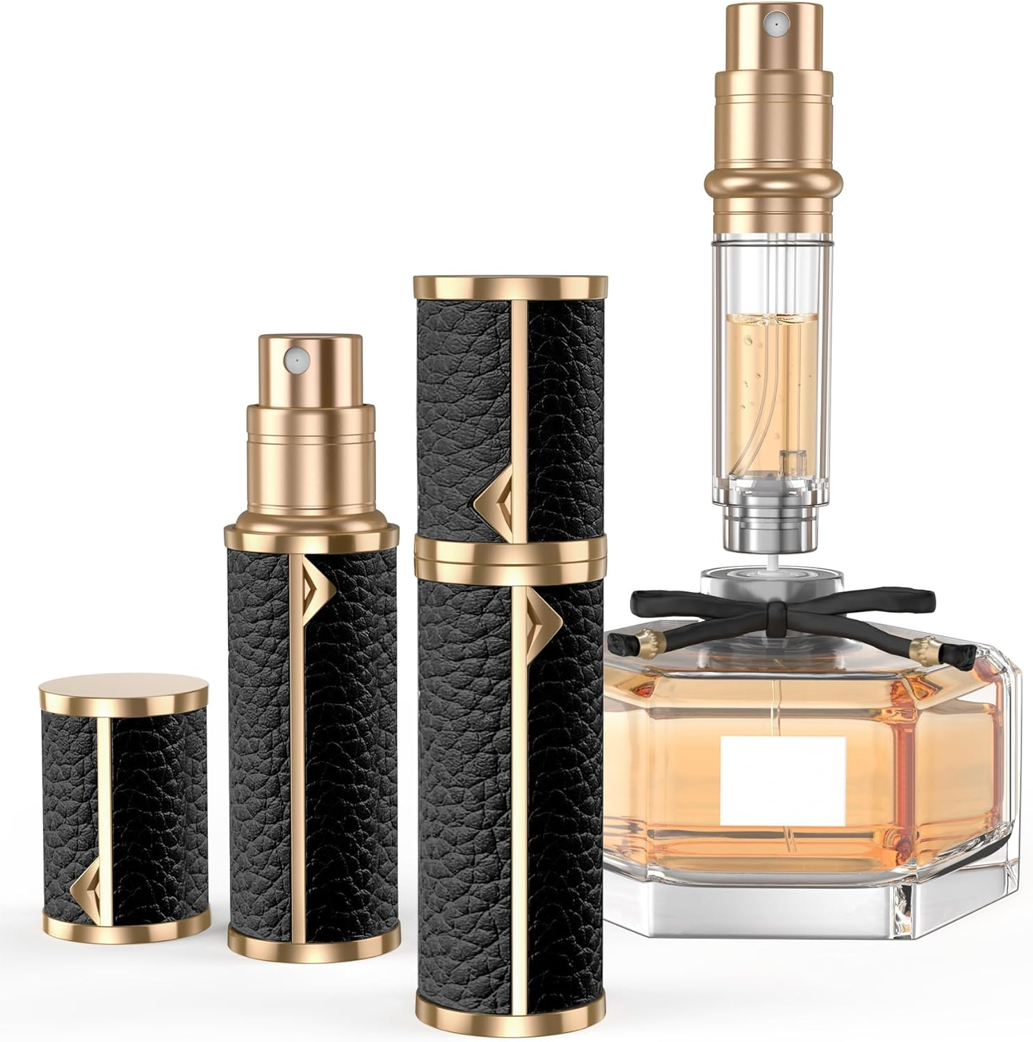 YIERSO Perfume Travel Refillable Bottle,Genuine Leather Bottom-Filling Fragrances Perfume Atomizer,Mini Cologne Dispenser,Portable Sprayer Pocket Size for Cruise Car Trip Purse Gift 5Ml (Black)