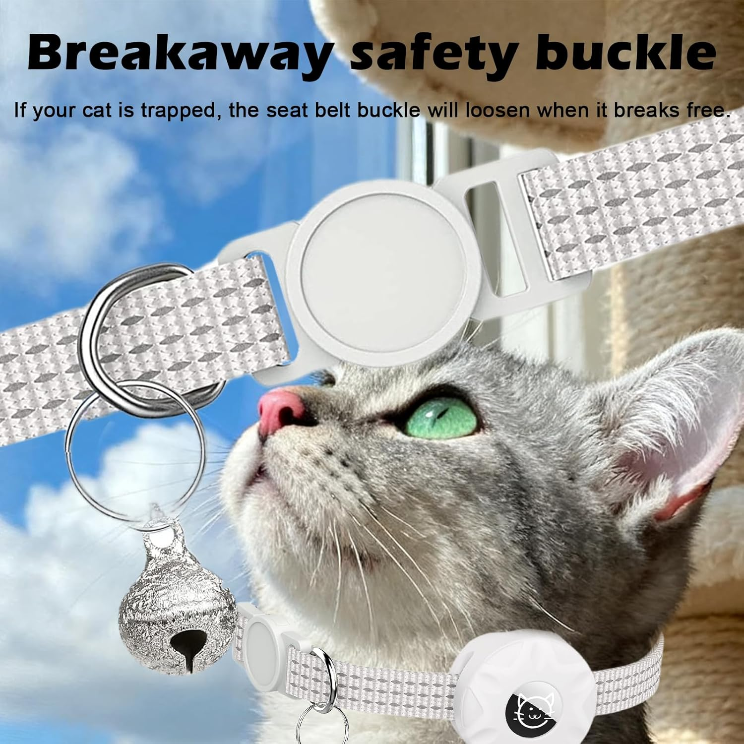 Cat Collar for Airtag Holder, Lightweight Cat Tracker for Kitten and Puppy, Waterproof and Reflective with Bell (Black)