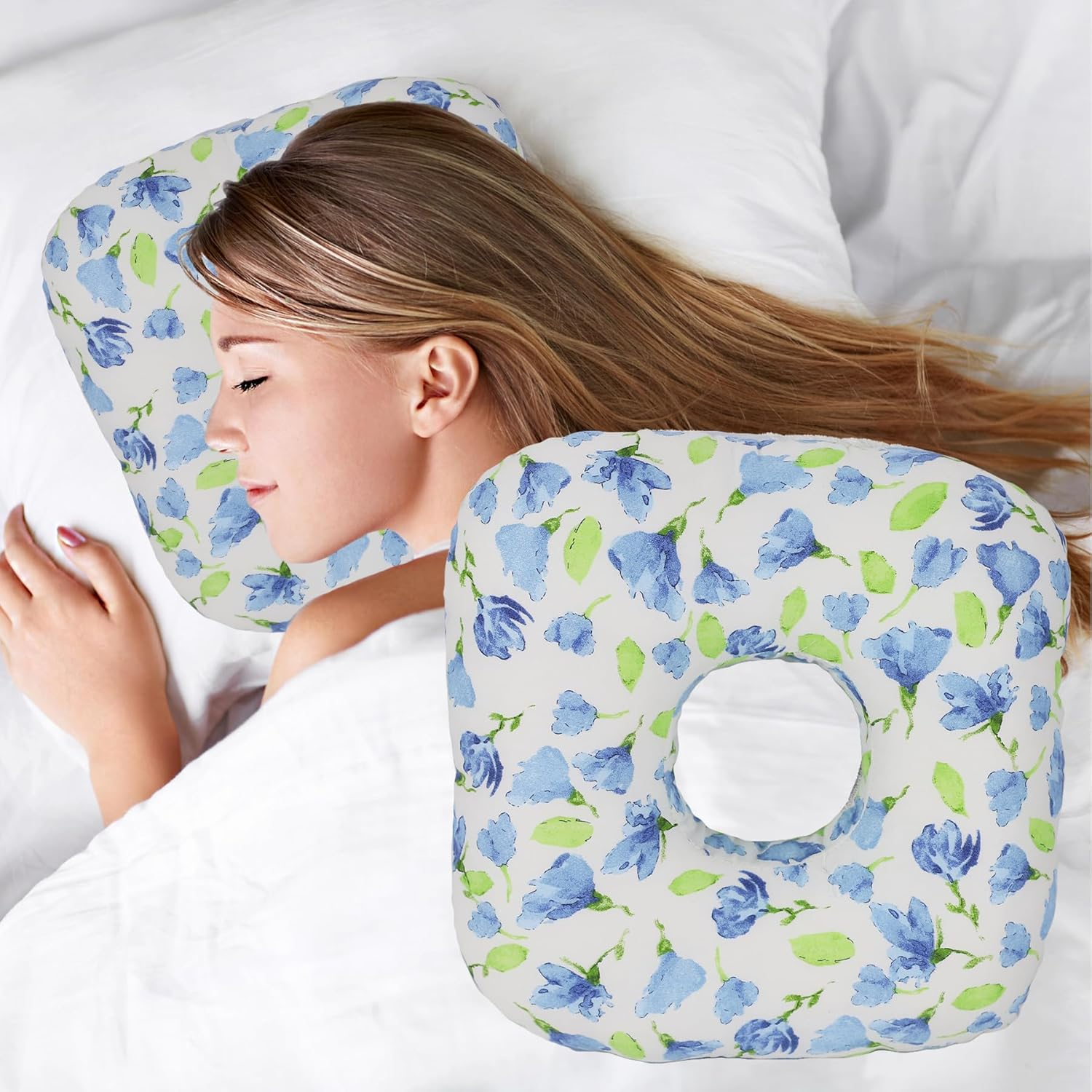 Ear Piercing Pillow for Side Sleepers, Pillow with an Ear Hole for CNH and Ear Pain Ear Inflammation Pressure Sores, O-Shaped Side Sleeping Pillow, Ear Guard Pillow (Blue Iris Flowers)