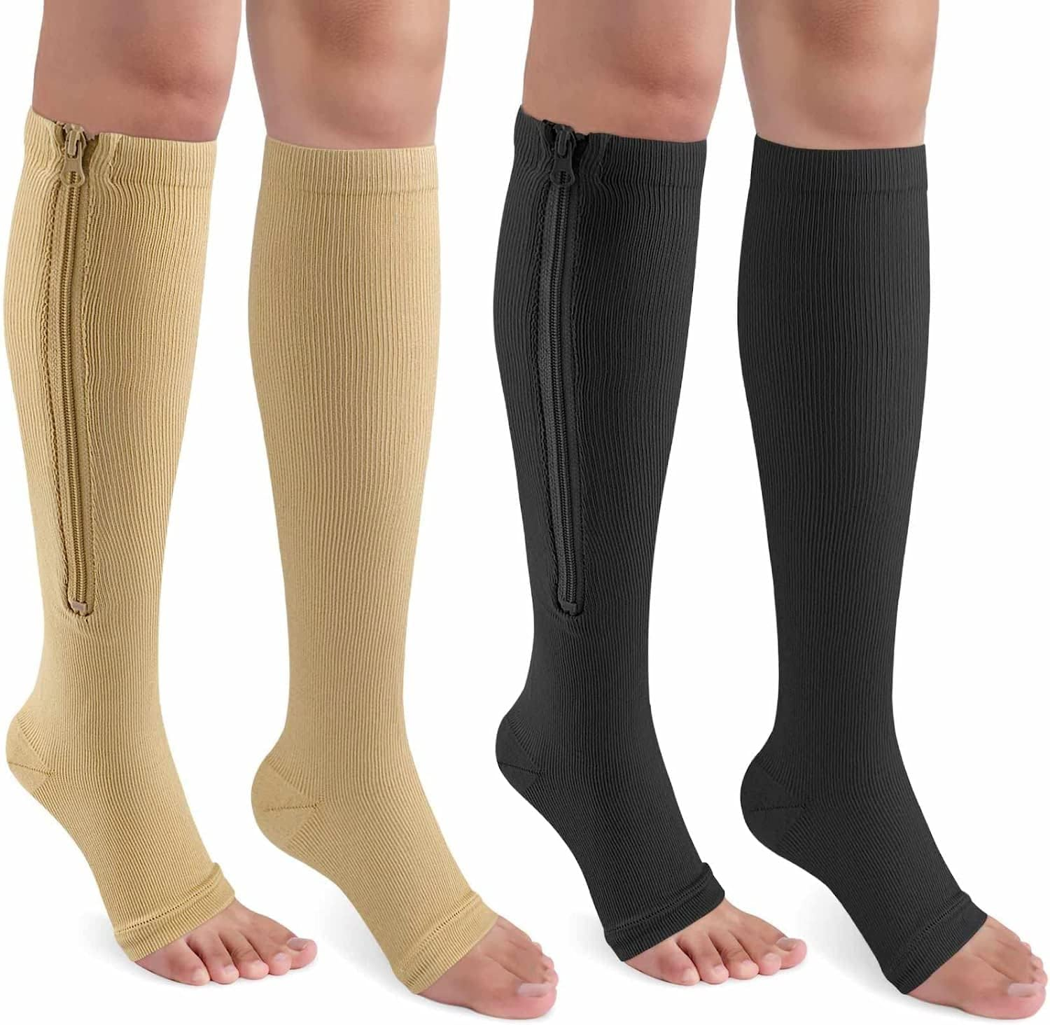 CASMON 2 Pairs Zipper Compression Socks for Women & Men, 15-20 Mmhg Open Toe Knee High Support Socks for Varicose Vein Edema