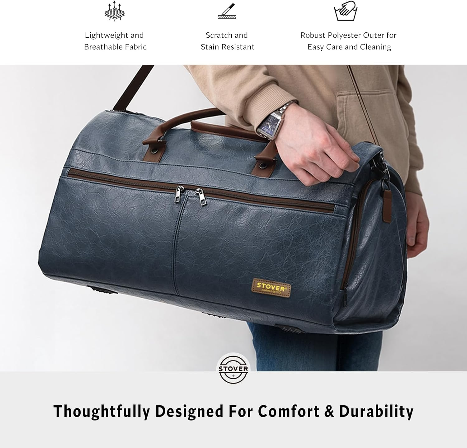 STOVER Garment Travel Duffle Bag, Large 2-In-1 Convertible Carry-On Luggage for Men & Women- Hanging Suits, Dresses & Clothes + Shoe Compartment- Weekender Tote Combo Duffel, Blue - Blue image number 2