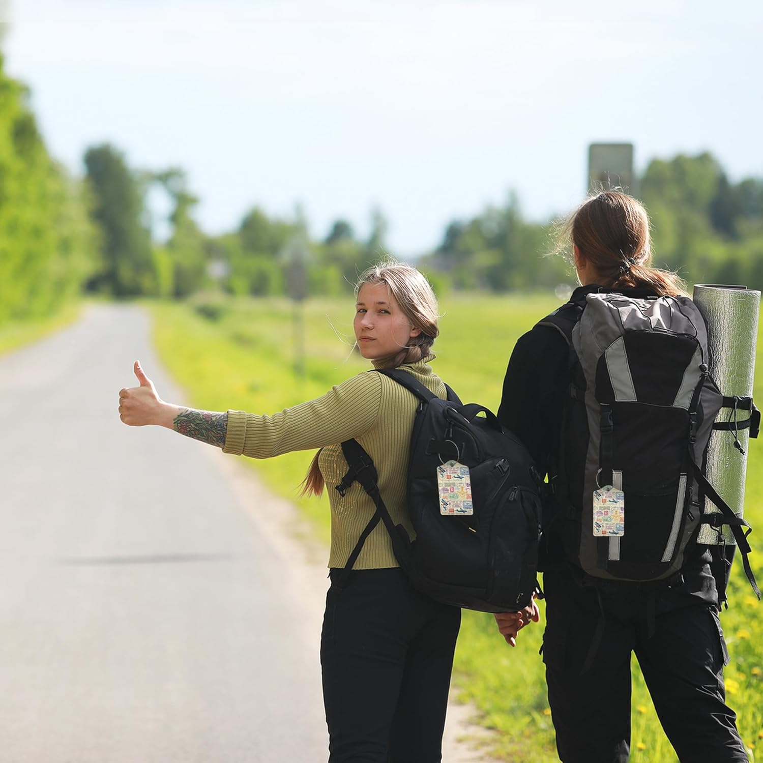 Travel Stamp Luggage Tags for Suitcase,2 Pack Retro Passport Carte Postale Luggage Tag Leather Privacy Cover ID Label with Stainless Steel Loop for Women Men Kids Girls image number 3