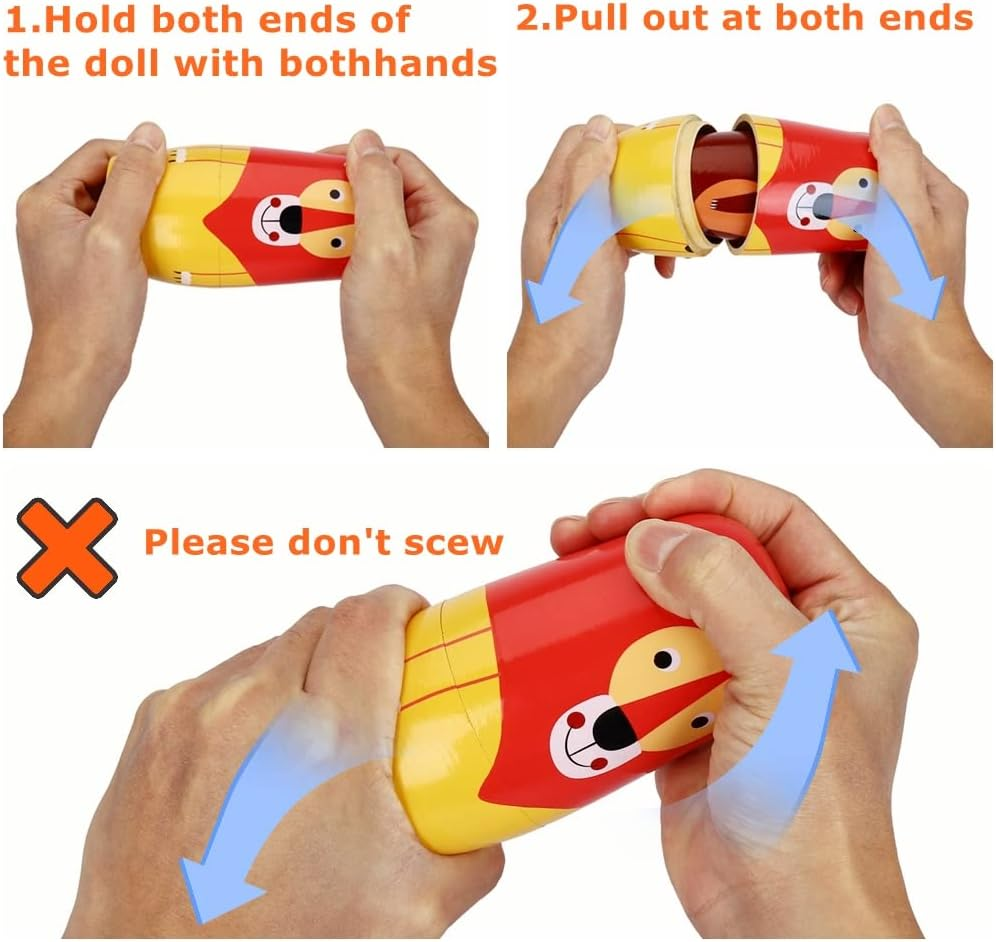 SWANGSA 6 Pcs Russian Nesting Dolls, Cute Cartoon Animals Handmade Wood Stacking Matryoshka Nesting Dolls for Kids Birthday Wishing Gift, Home Decoration image number 3