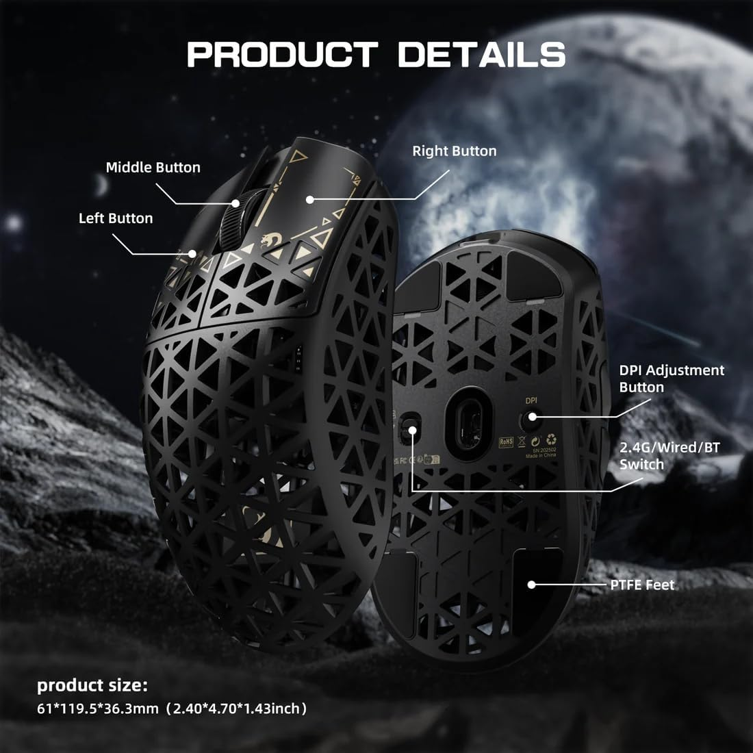 MAMBASNAKE M5 Ultra Carbon Fibre 8000Hz Wireless Gaming Mouse, 39G Superlight, 42000DPI, PAW3950MAX Sensor, Nordic 52840 Chip, Bluetooth/2.4G/Usb-C Wired Mice with Mouse Coiled Cable, for Pc/Mac image number 6