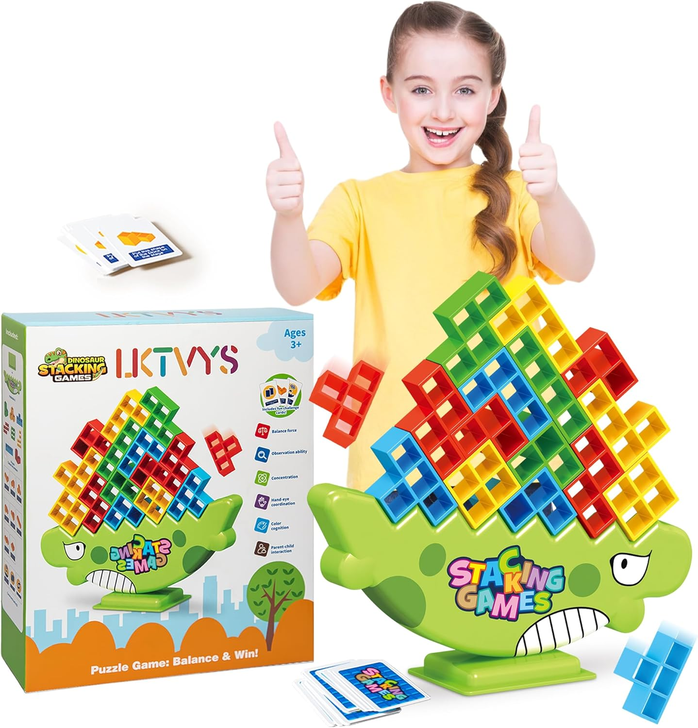 Kids Dinosaur Tower Stack Game! 64PC Upgraded Stacking Blocks &ndash; Bigger, Smoother & Faster | STEM Toys for Kids Ages 3-12 & Adults | Family Party Game for Birthdays & Holidays