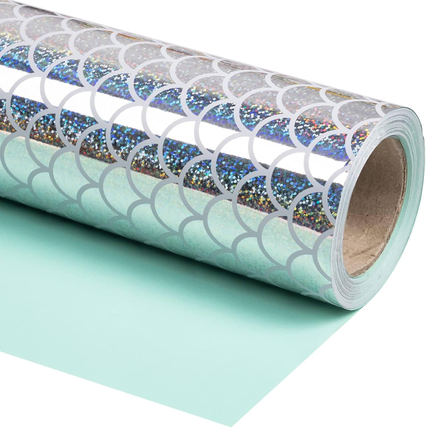 WRAPAHOLIC Reversible Wrapping Paper - Mini Roll - 17 Inch X 33 Feet - Scal with Colorful Foil and Solid Light Mint Design for Birthday, Baby Shower, Party, Holiday