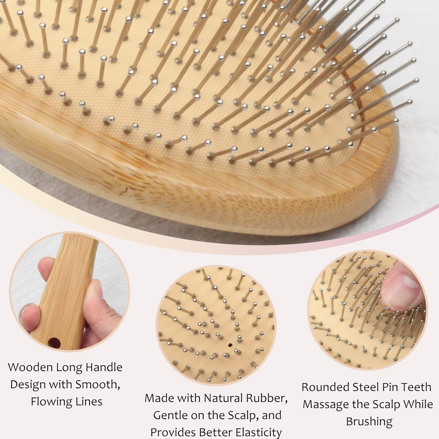 Bamboo Hair Brush, with Metal Bristles - Anti-Static, for Smoothing & Massage & Detangling, for All Hair Type, Men, Women, Children image number 6