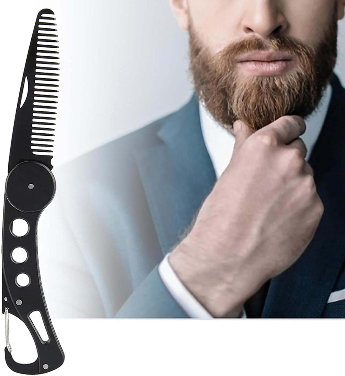 Mustache Comb, Stainless Steel Folding Beard Comb with Leather Cover, Portable Multifunction anti Static for Men Grooming, Combing Hair, and Mustache Styling image number 3