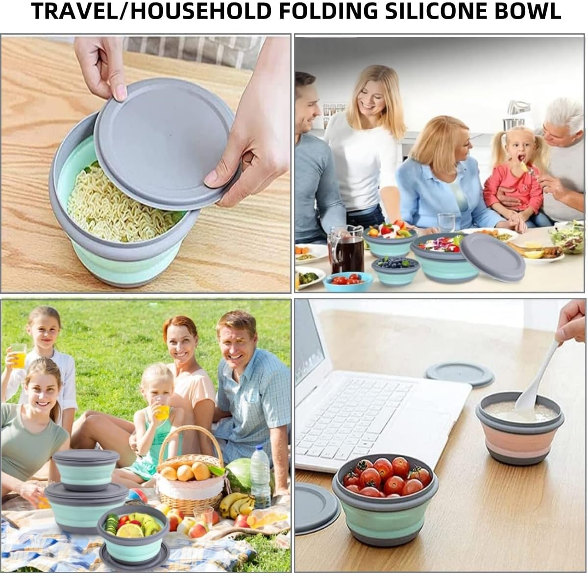 3Pcs Collapsible Bowls,Food Grade Silicone Camping Bowl Salad Bowl with Lids, Portable Expandable Lunch Box Food Storage Container for Camping Travel and Picnic image number 2