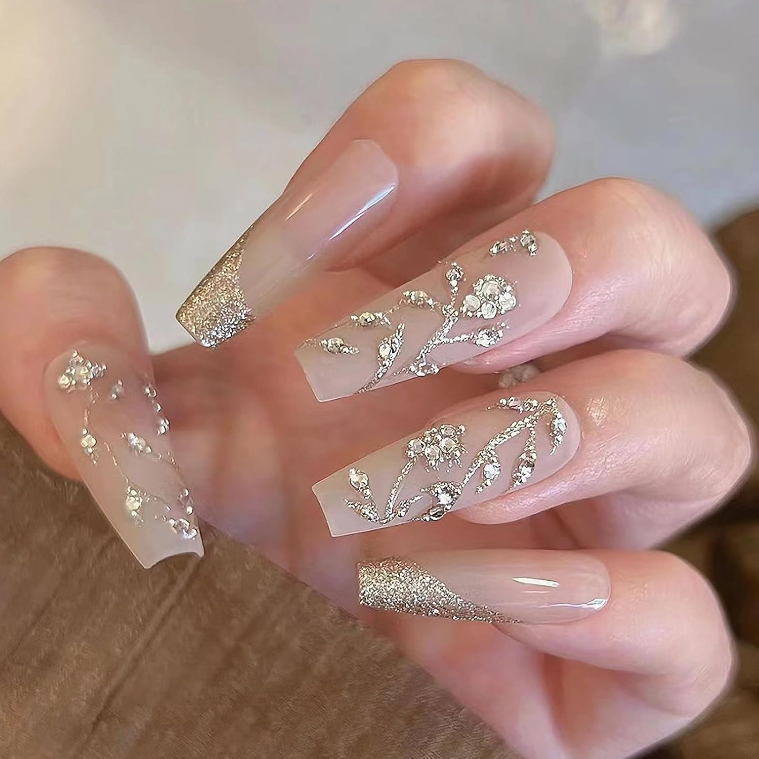 MISUD Press Nails Long Coffin False Nails Glossy Glue on Nails Gel Nude Acrylic Nails Bling Gold Glitter French Tip Ballerina Artificial Nails 3D Flower Rhinestone False Nails with Di - 03118Nude image number 2