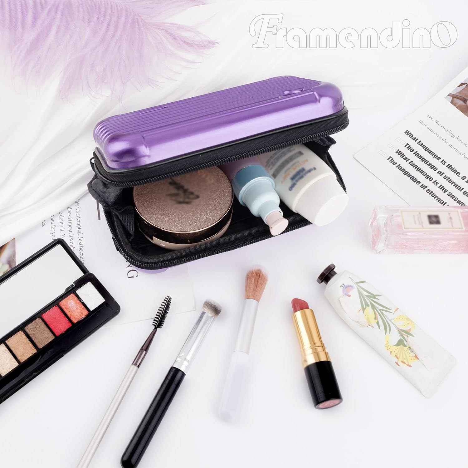 Framendino, Purple Hard Shell Cosmetics Case Carrying Bag for Toiletry Mini Cross Body with Detachable Grip Rope and Shoulder Strap Women - Red image number 5