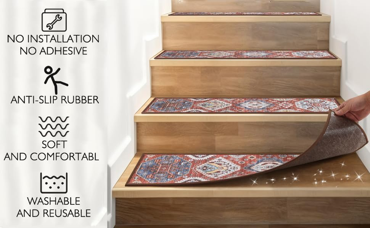 YWAQMCT Non-Slip Stair Pads, 15PCS Wood Stair Treads Carpe, anti Moving Modern Stair Rubber Mat Runner Safety for Kids Dogs, 8" X 30" (15Pcs, Red) - Brown image number 3