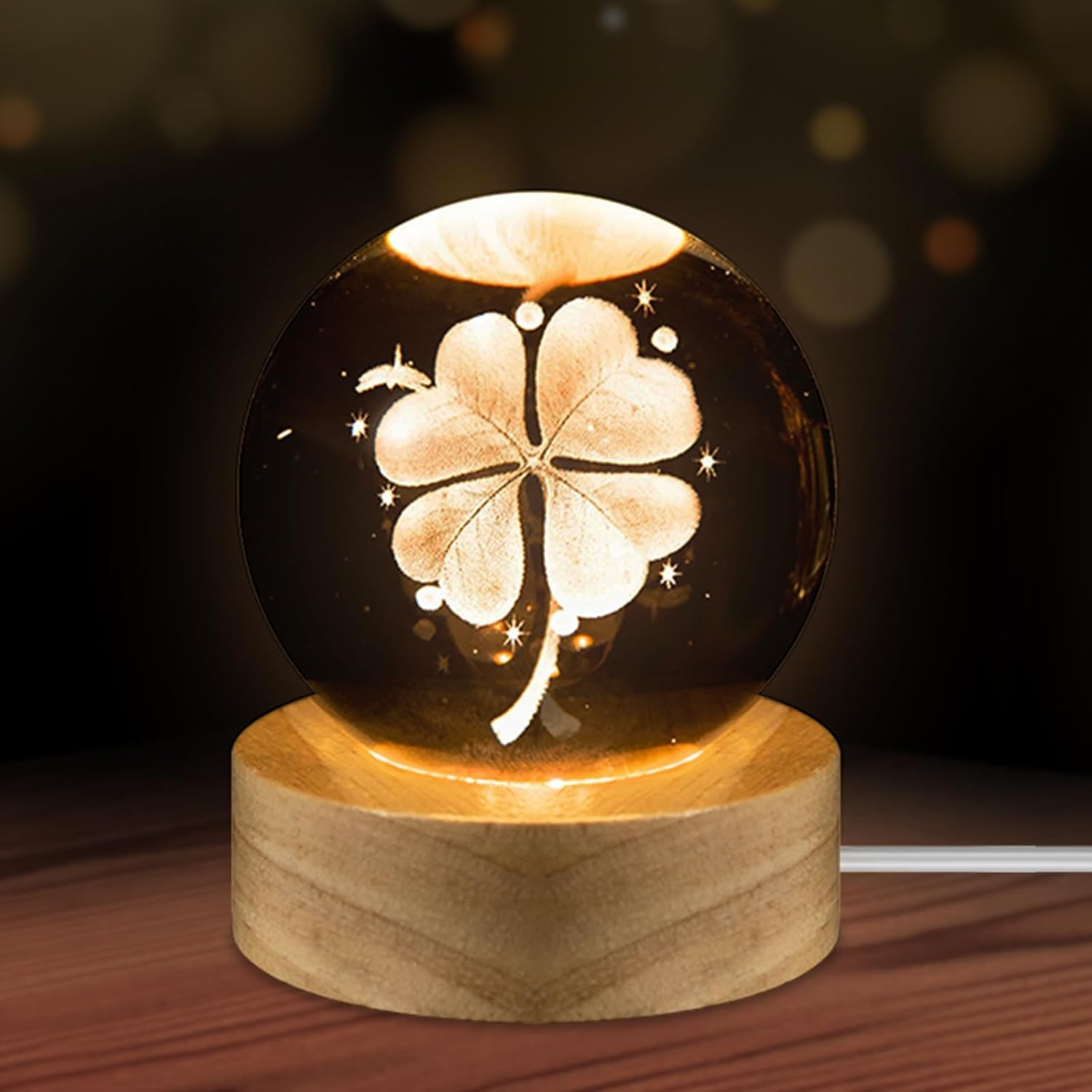 3D Crystal Ball Night Light, 60 Mm Four-Leaf Lucky Charm Clover Crystal Ball, Glass Ball Lamp Decoration with Wooden Base, Christmas Gifts Night Light for Children for Christening, Birthday image number 1
