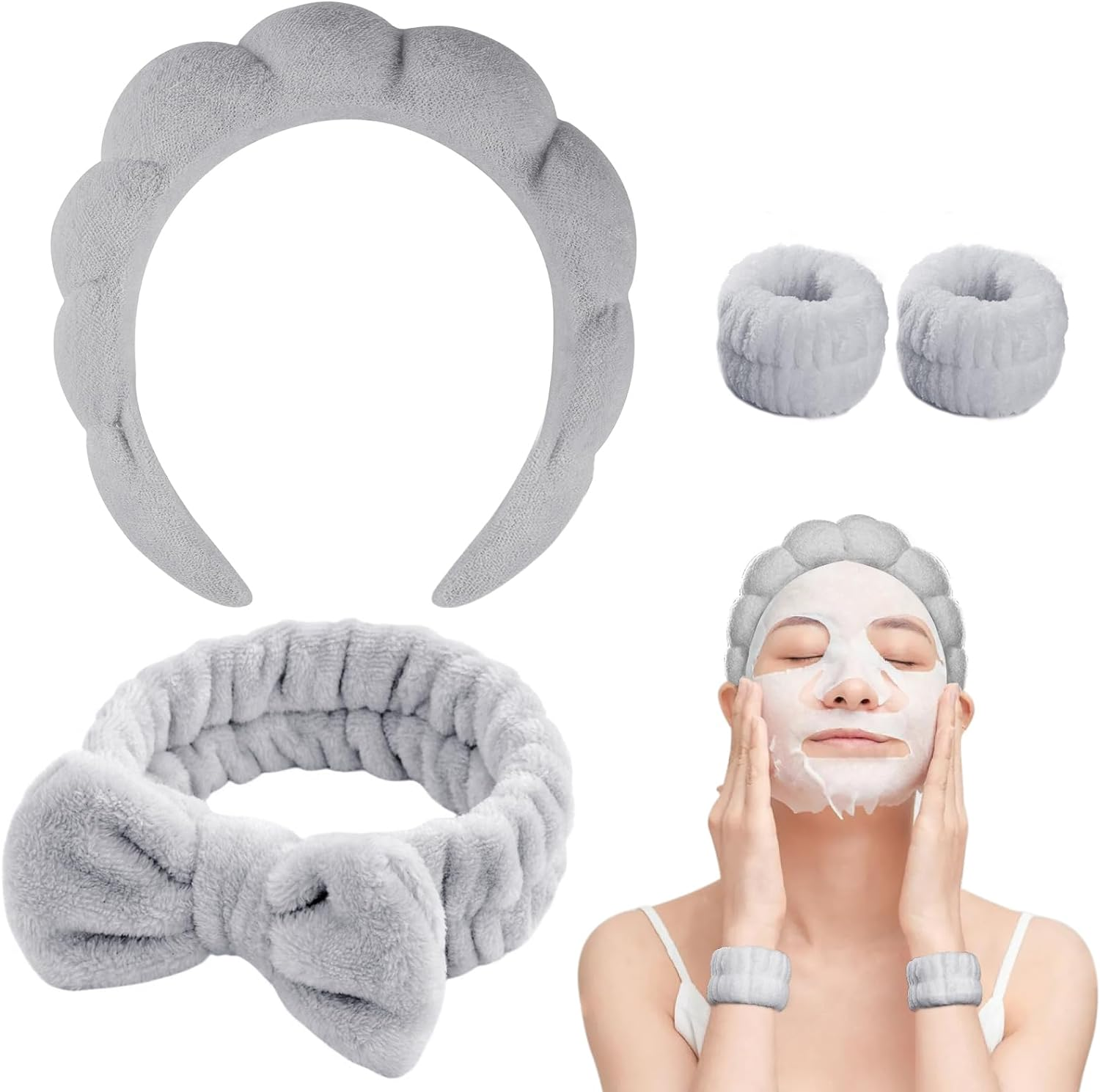 Bighan Spa Makeup Headband Set, Headband Skincare Headband for Woman, Face Wash Wristband and Bowknot Hair Band, Facial Wrist Towel Washbands for Women Girls, Pink