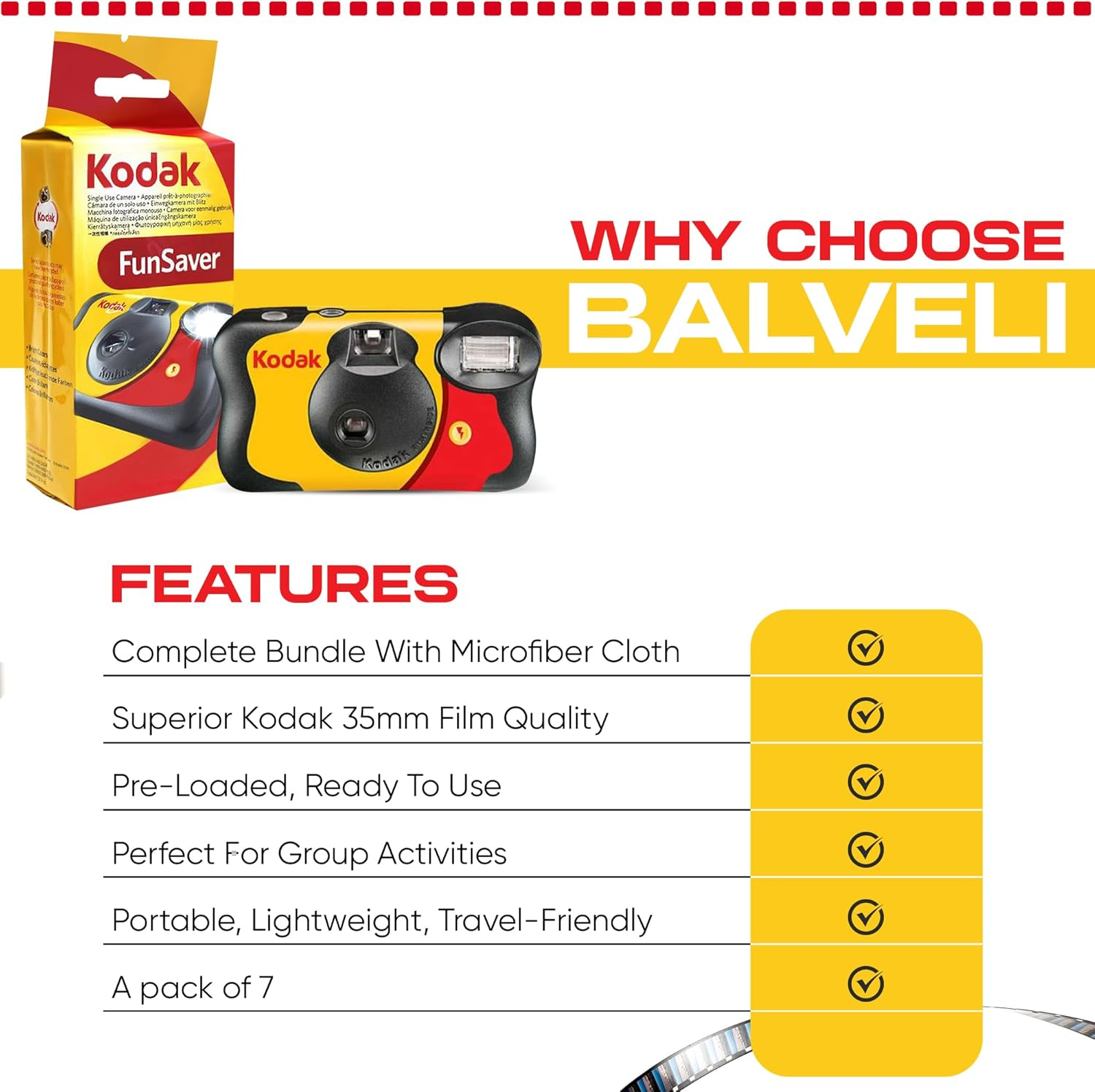 Kodak Funsaver Disposable Camera Bulk One Time Single Use 7-Pack 27Exp 35Mm Camera Bundled with Balveli Premium Microfiber Cloths - Bulk Kodak Disposable Film Camera 35Mm image number 3