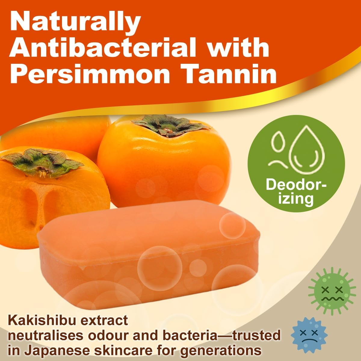 Persimmon Soap-6 Pack | Japanese Antibacterial Soap with Natural Persimmon Tannin | Odour Control & Sensitive Skin image number 2