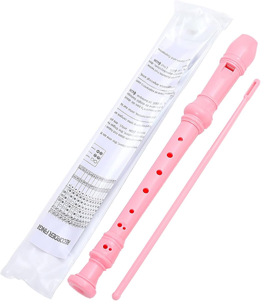 8Hole Descant Soprano Recorder, German Style Treble Flute, Plastic Clarinet with Fingering Chart, Instructions, Cleaning Rod and Bag - Pink